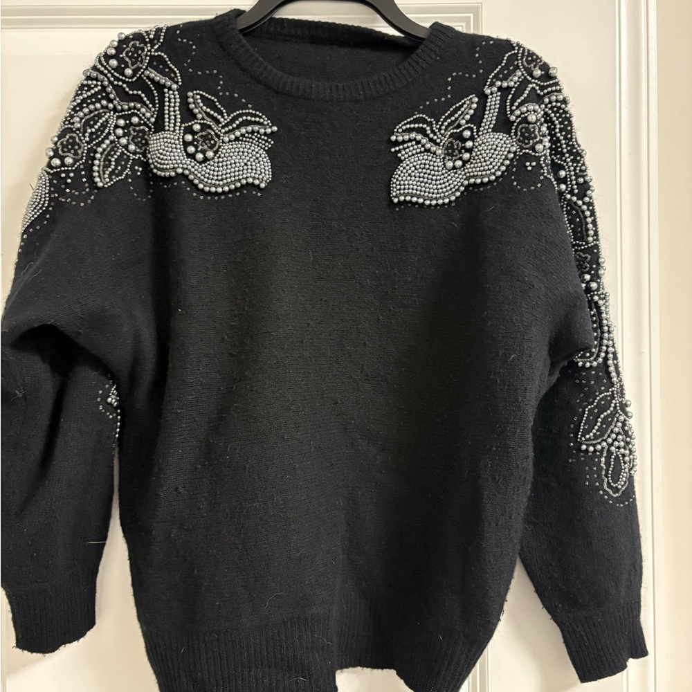 Elegant Black Sweater with Pearl Embellishments